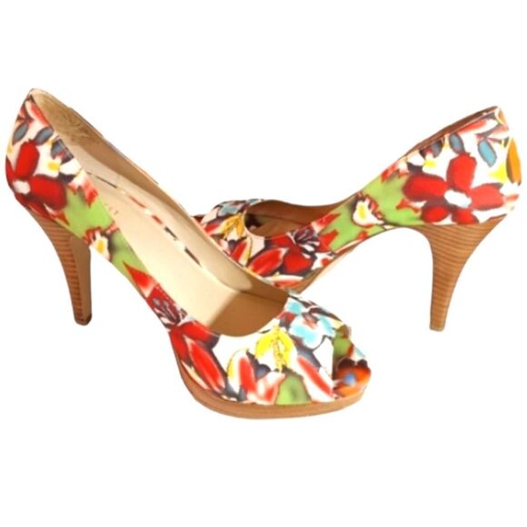 Nine West Dance Multi Colored Floral Peep Toe Stacked Heel Pump 10M - Picture 2 of 10
